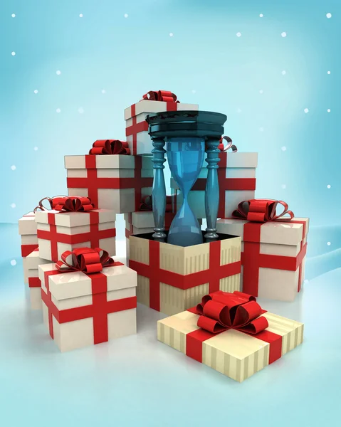 Jul gåva lådor med sand glas tid överraskning på vintern snöfall — Stockfoto