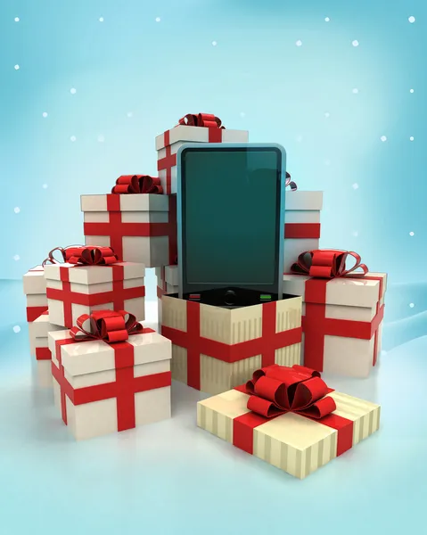 Christmas gift boxes with new smart phone surprise at winter snowfall — Stock Photo, Image