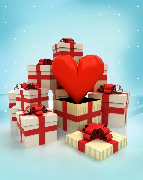 Cajas de regalo de Navidad con sorpresa de amor en las nevadas de invierno — Foto de Stock