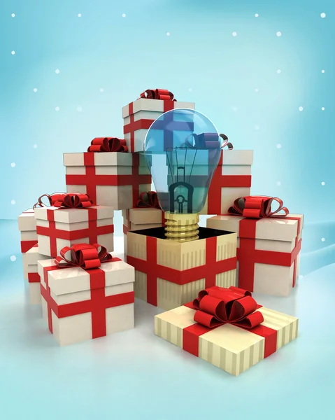 Christmas gift boxes with blue shiny bulb surprise at winter snowfall — Stock Photo, Image