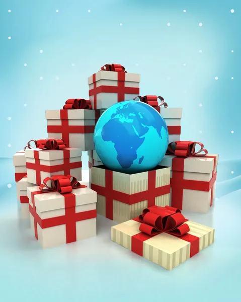 Christmas gift boxes with Africa earth globe surprise at winter snowfall — Stock Photo, Image