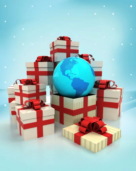 Kerstmis geschenkdozen met Amerika earth globe verrassing bij winter sneeuwval — Stockfoto