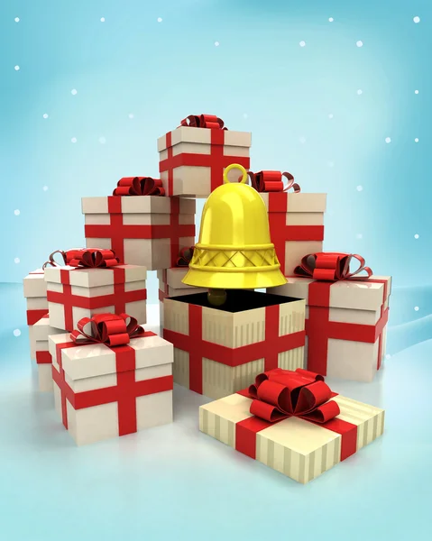 Christmas gift boxes with golden bell surprise at winter snowfall — Stock Photo, Image