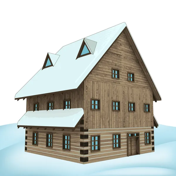 Rural winter wooden high cottage perspective vector — Stock Vector