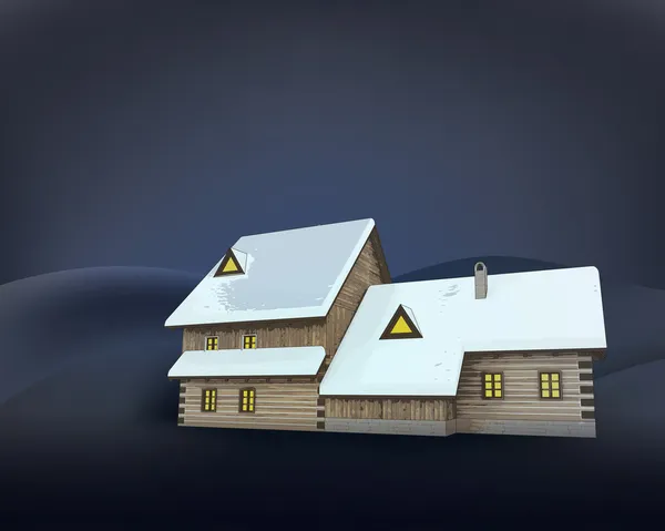 Rurale inverno cottage in legno prospettiva laterale di notte vettore — Vettoriale Stock