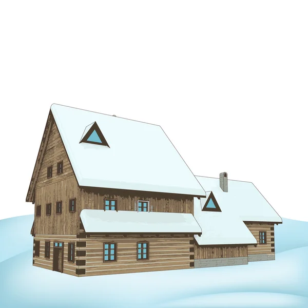 大きな農村冬の木造コテージ マンション ベクトル — ストックベクタ