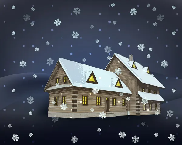 Rural winter wooden cottage mansion perspective at night snowfall vector — Stock Vector