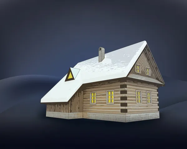 Pequena casa de campo de madeira de inverno rural no vetor da noite — Vetor de Stock