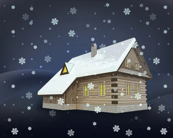 Piccolo cottage rurale invernale in legno di notte vettore nevicata — Vettoriale Stock