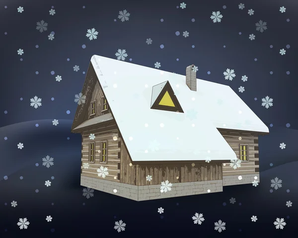 Classical winter wooden cottage at night snowfall vector — Stock Vector