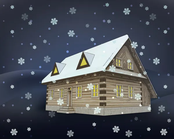 Classico cottage in legno invernale di notte vettore nevicata — Vettoriale Stock