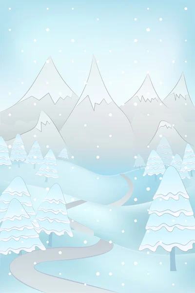 Alto paisaje de montaña de invierno con árboles nevados y carretera en el vector de nevadas — Vector de stock