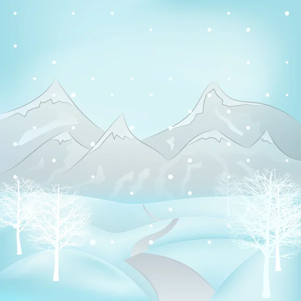 Vista al paisaje de montaña de invierno cuadrado con árboles de hoja ancha alrededor del vector de carretera — Vector de stock