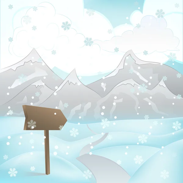 Piazza invernale vista paesaggio montano con strada e puntatore a vettore nevicata — Vettoriale Stock