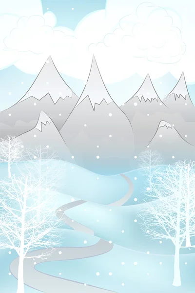 Paisaje de invierno alto escena con montañas nevadas y árboles de hoja ancha vector — Archivo Imágenes Vectoriales