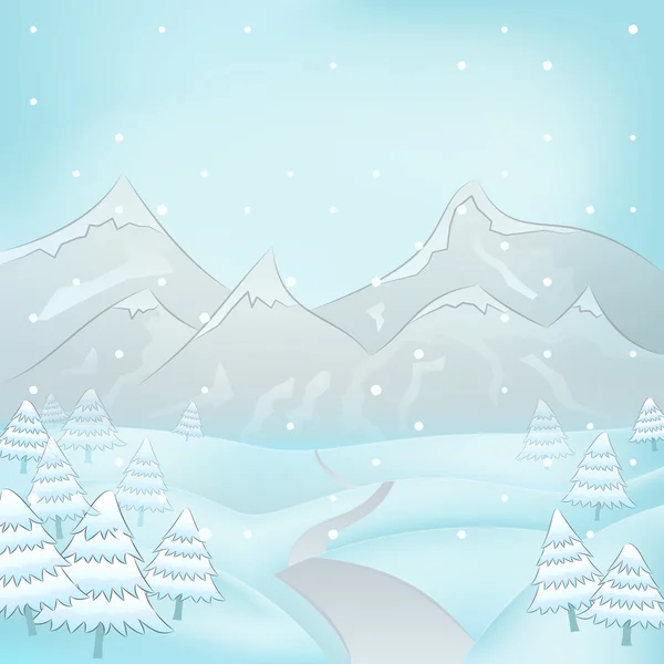 Vista al paisaje de montaña de invierno cuadrado con árboles de carretera y abetos en el vector de nevadas — Vector de stock