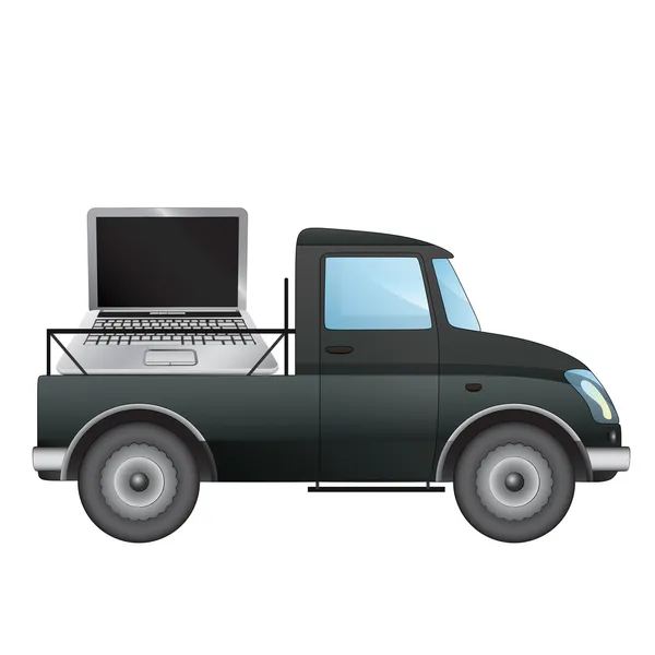 Isolated pick up car with new laptop delivery vector drawing — Stock Vector