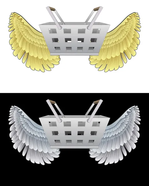 Flying angelic shopping basket icon in black and white set vector — Stock Vector