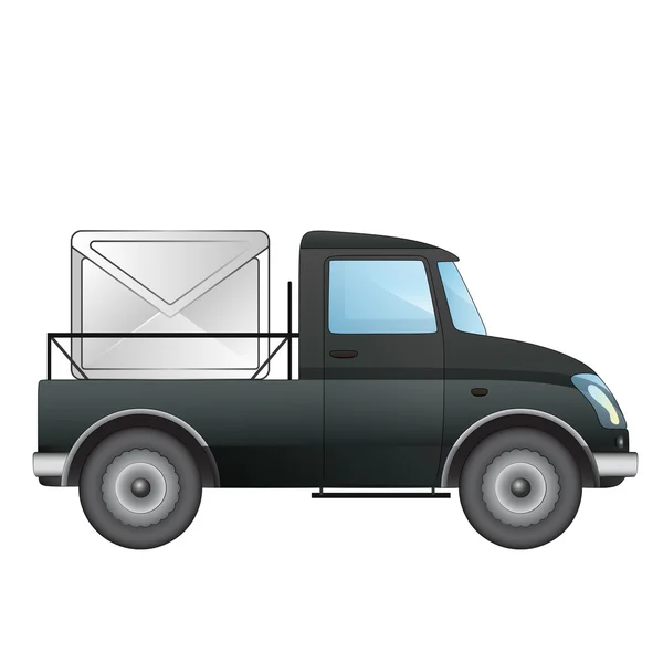 Geïsoleerde pick-up auto met correspondentie bericht levering vector tekening — Stockvector