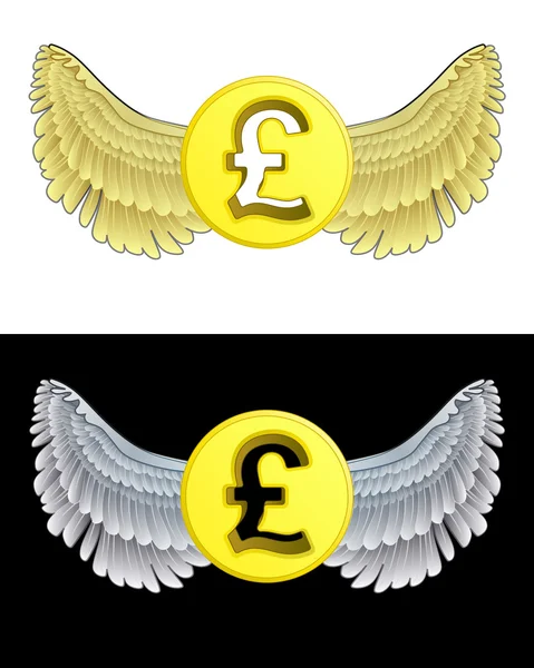 Flying angelic Pound coin icon in black and white set vector — Stock Vector