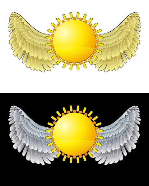 Icône du soleil angélique volant en noir et blanc ensemble vecteur — Image vectorielle