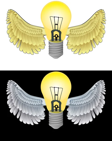 Fliegende engelsgleiche Glühbirne in schwarz-weiß eingestelltem Vektor — Stockvektor