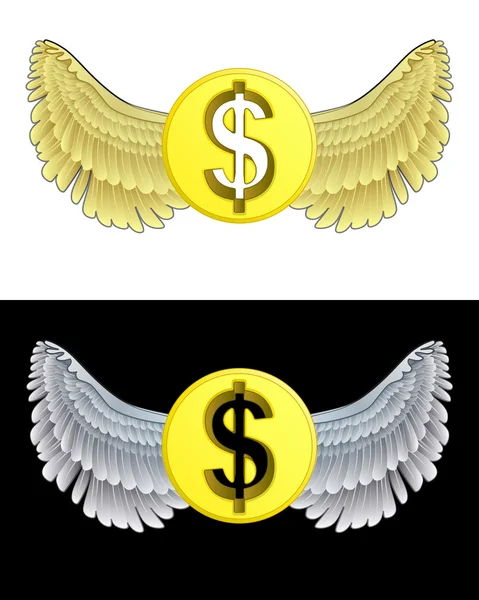 Flying angelic Dollar coin icon in black and white set vector — Stock Vector
