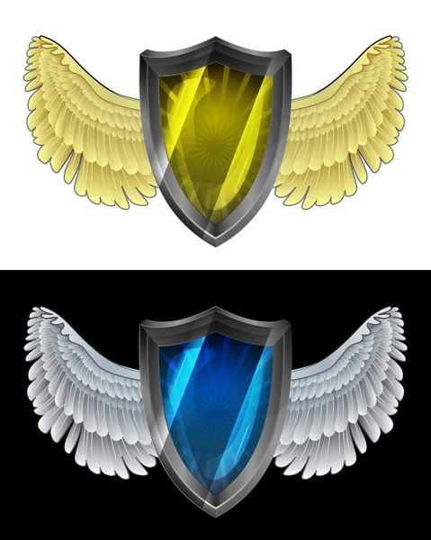 Icona dello scudo angelico volante in bianco e nero set vettoriale — Vettoriale Stock