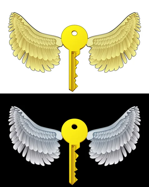 Flying angelic key icon in black and white set vector — Stock Vector