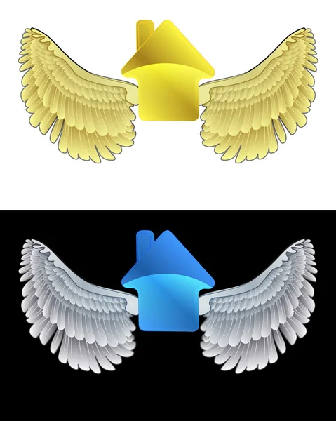 Flying angelic house icon in black and white set vector — Stock Vector