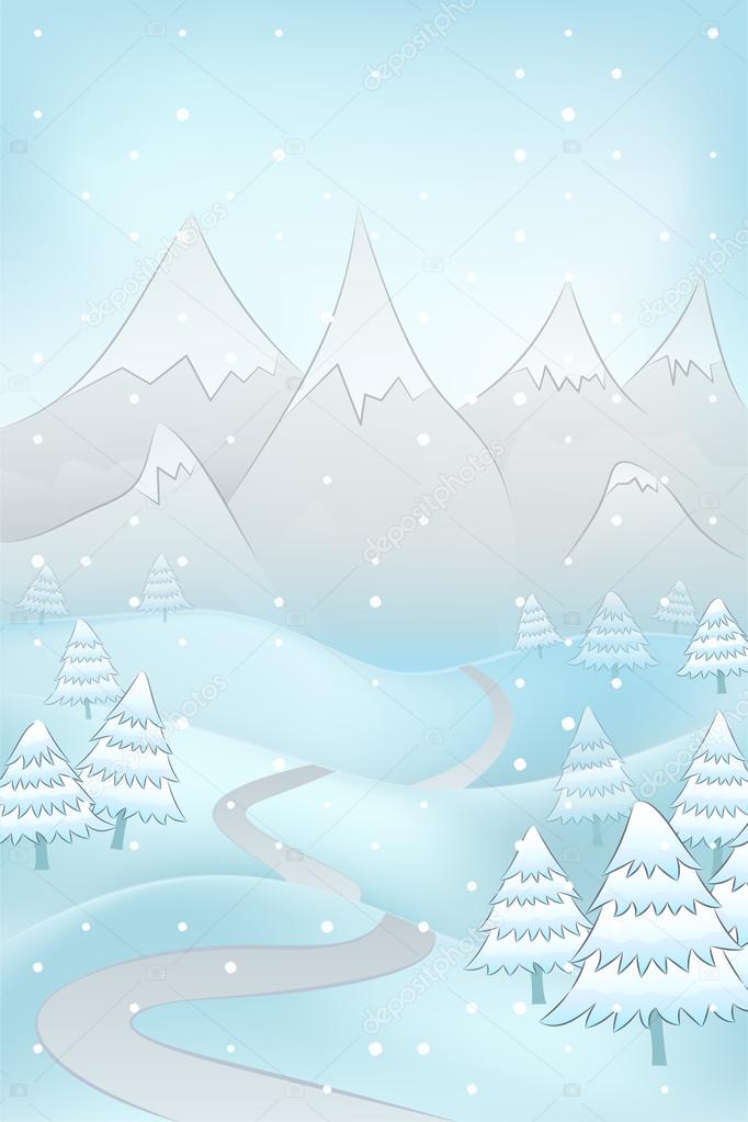 high winter landscape with road to mountains and spruce trees around vector