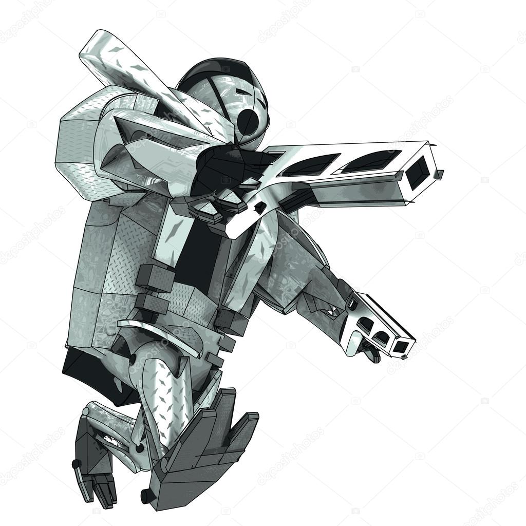 isolated walking armored robot warrior vector 3D model my own drawing