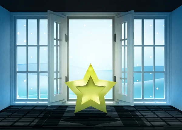 Open doorway with star icon and winter landscape scene behind — Stockfoto