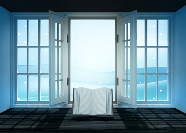 Open doorway with story book and winter landscape scene behind — Stock Photo, Image