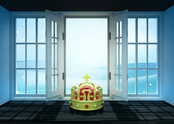 Open doorway with royal crown and winter landscape scene behind — Stock Photo, Image