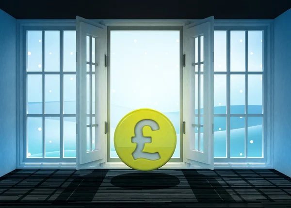 Open doorway with Pound coin and winter landscape scene behind — Stock Photo, Image