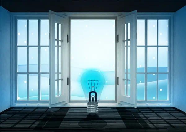 Open doorway with blue shiny bulb and winter landscape scene behind — Stock Photo, Image