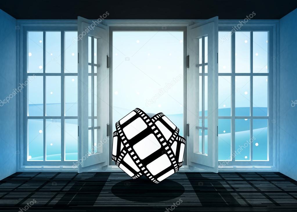 Open Doorway With Movie Tape And Winter Landscape Scene Behind