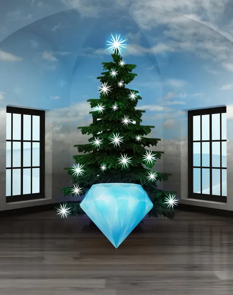 Himmelska rum med diamant under glittrande xmas träd — Stockfoto
