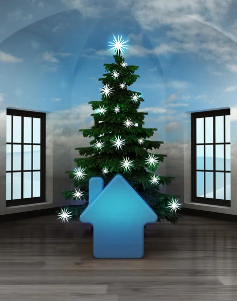 Heavenly room with blue house icon under glittering xmas tree — Stock Photo, Image