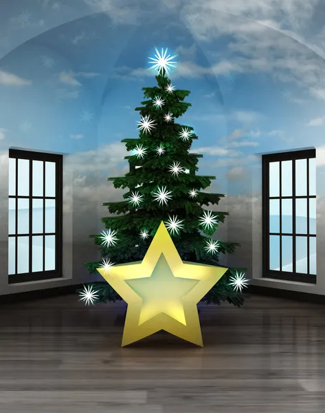 Heavenly room with winter star under glittering xmas tree — Stock Photo, Image