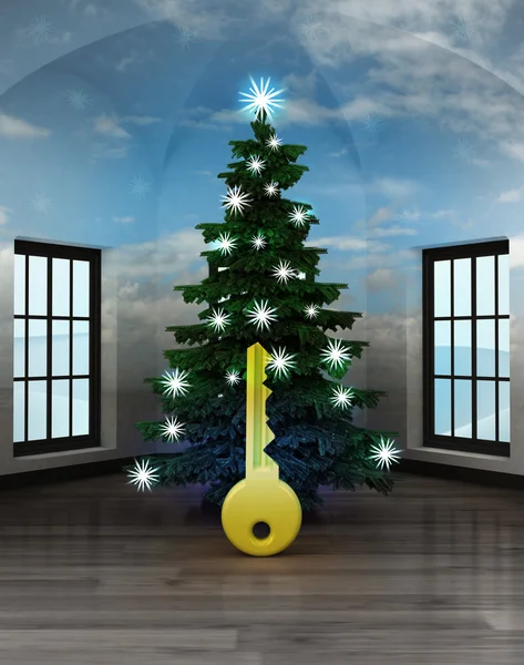 Hemelse kamer met sleutel tot glinsterende kerstboom — Stockfoto