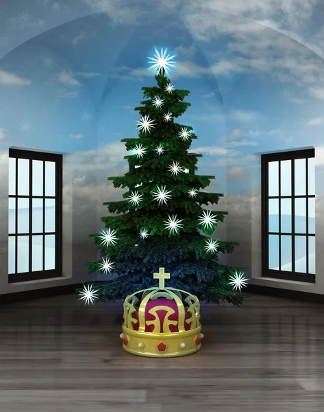 Stanza celeste con corona reale sotto scintillante albero di Natale — Foto Stock