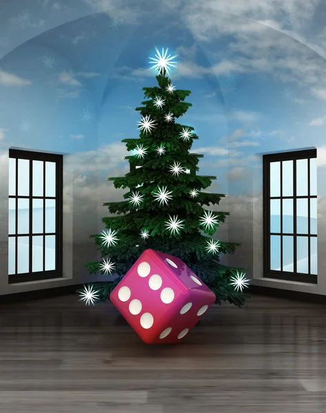 Heavenly room with lucky dice under glittering xmas tree — Stock Photo, Image