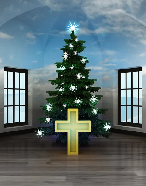Habitación celestial con cruz dorada bajo el resplandeciente árbol de Navidad — Foto de Stock