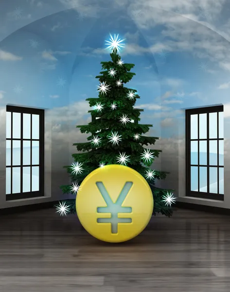 Himmelska rum med yuan mynt under glittrande xmas tree — Stockfoto