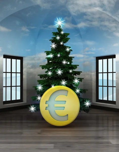 Небесная комната с монетой евро под сверкающей елкой — стоковое фото