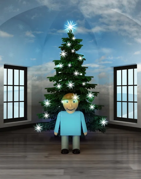 Habitación celestial con el hombre feliz bajo el brillante árbol de Navidad —  Fotos de Stock