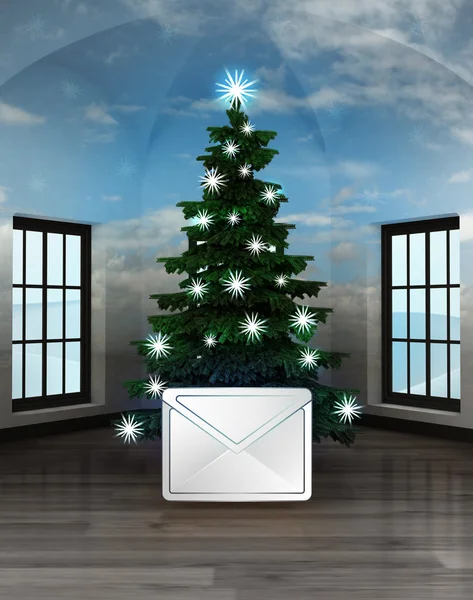 Habitación celestial con mensaje de invierno bajo el brillante árbol de Navidad —  Fotos de Stock