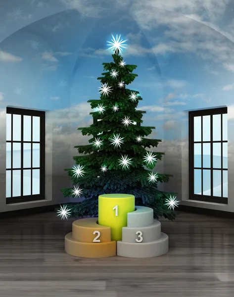 Heavenly room with champion pedestal under glittering xmas tree — Stock Photo, Image